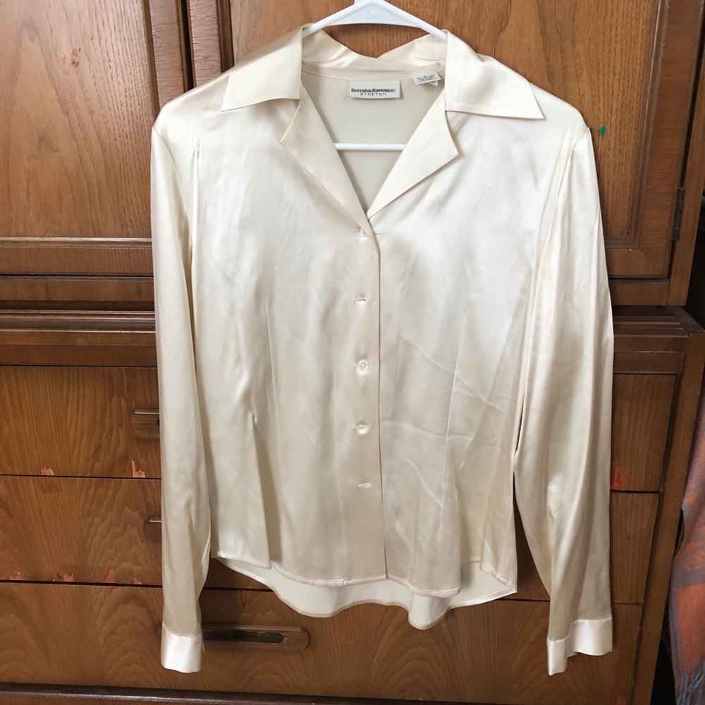 Vintage Banana Republic Stretch Silk Blouse Button Down Champagne Ivory Gold  M